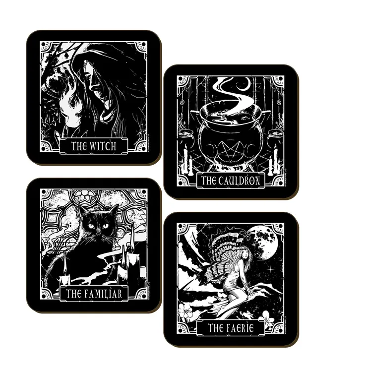 Deadly Tarot The Witch, The Cauldron, The Familiar & The Faerie 4 Piece Coaster Set