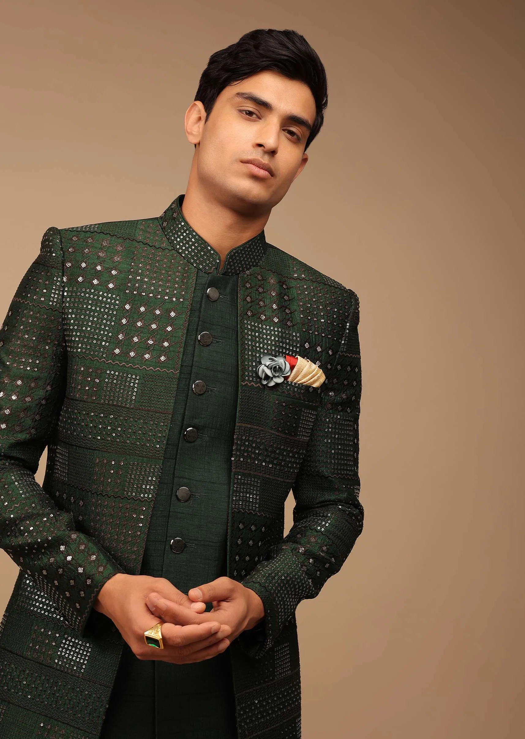 Forest Green Silk Sherwani With Sequins Work