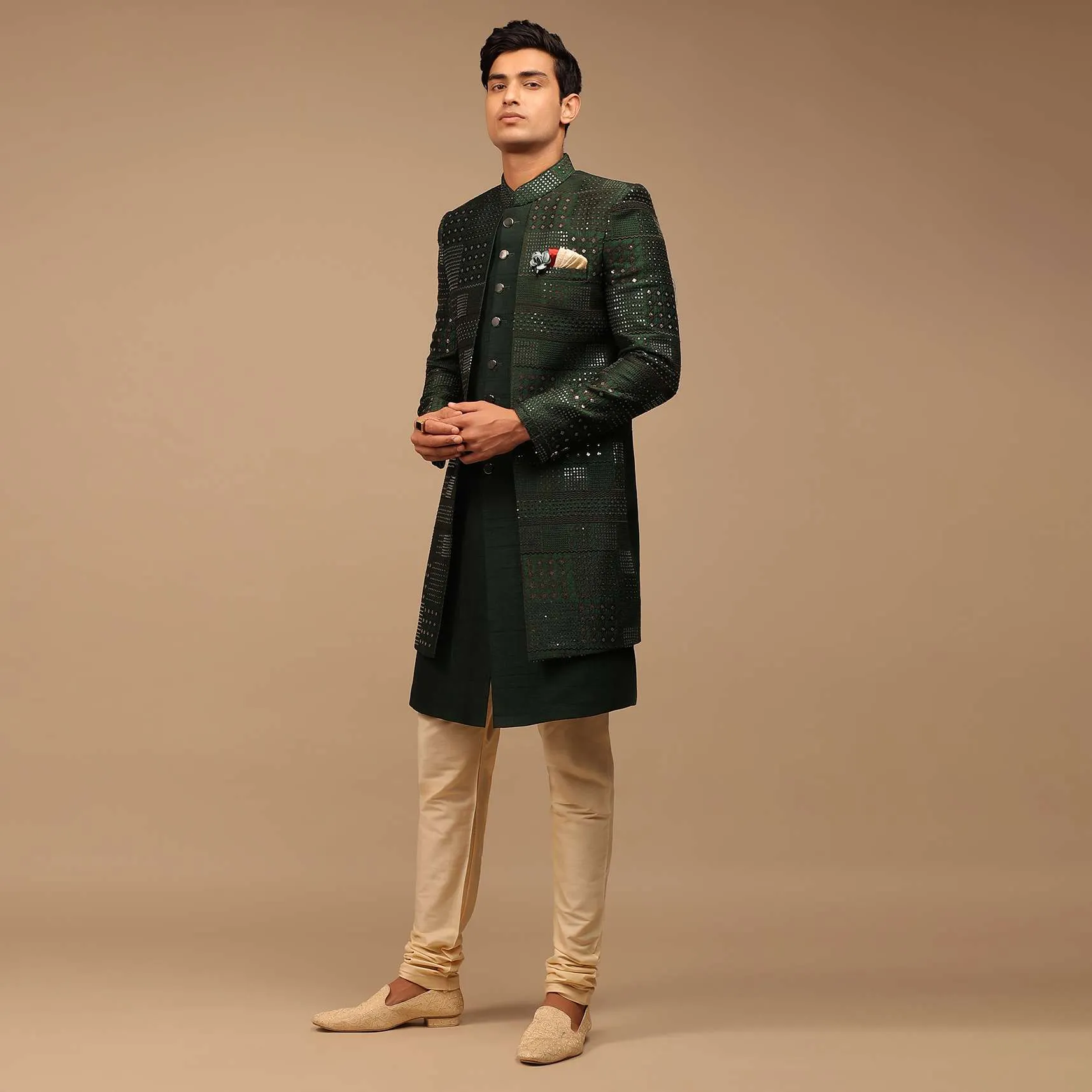 Forest Green Silk Sherwani With Sequins Work