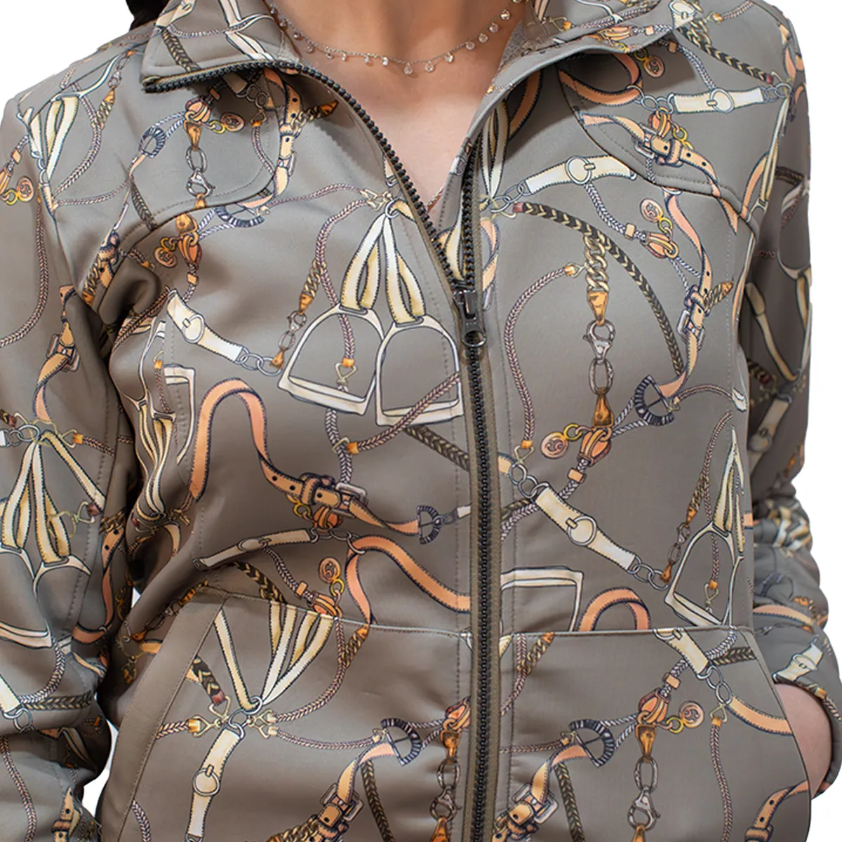 Kastel Long Sleeve Full Zip Taupe Belt Print Scuba Jacket