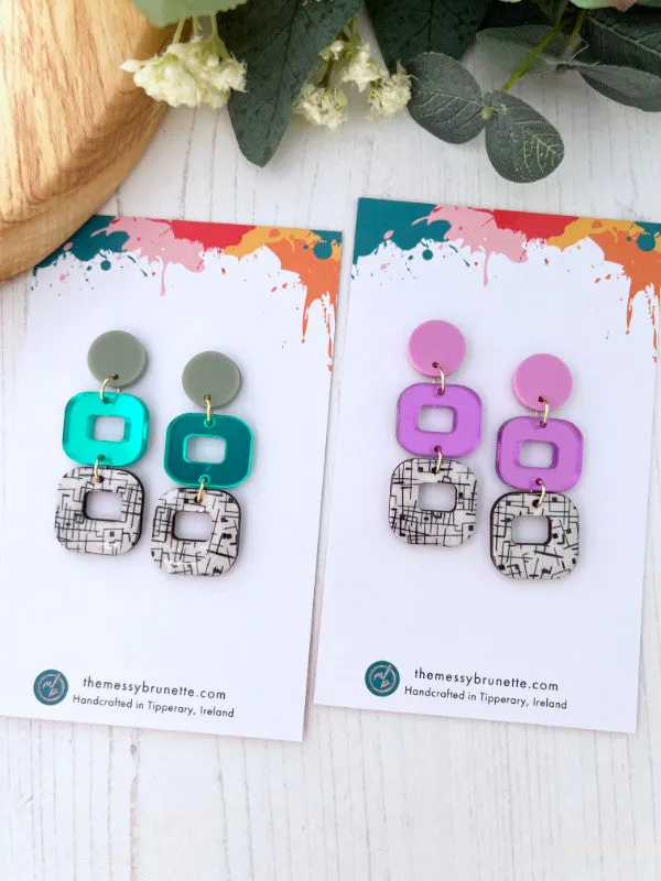 Long Drop Monochrome Pop Square Earrings in 2 Styles