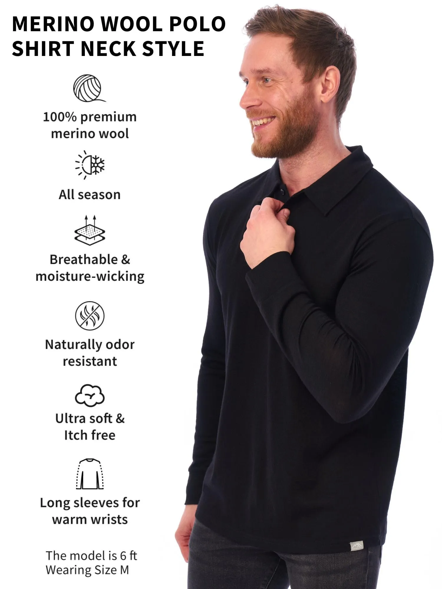 Men's Merino Wool Long Sleeve Polo Black