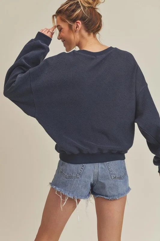 Navy Raw Hem Contrast Striped Dolman Sleeve Sweatshirt – Oversized Casual Pullover