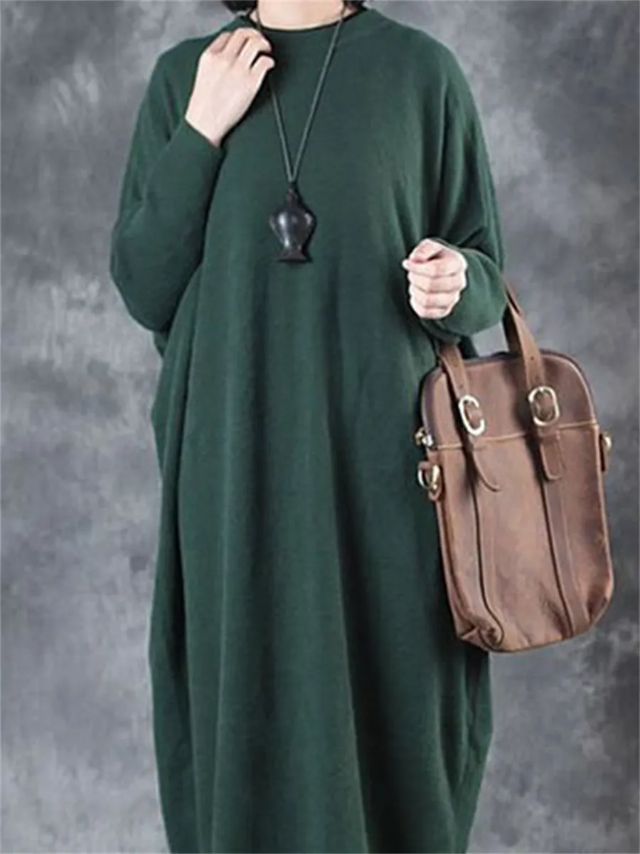 Retro Solid Color Casual Long Women'S Knitted Dress