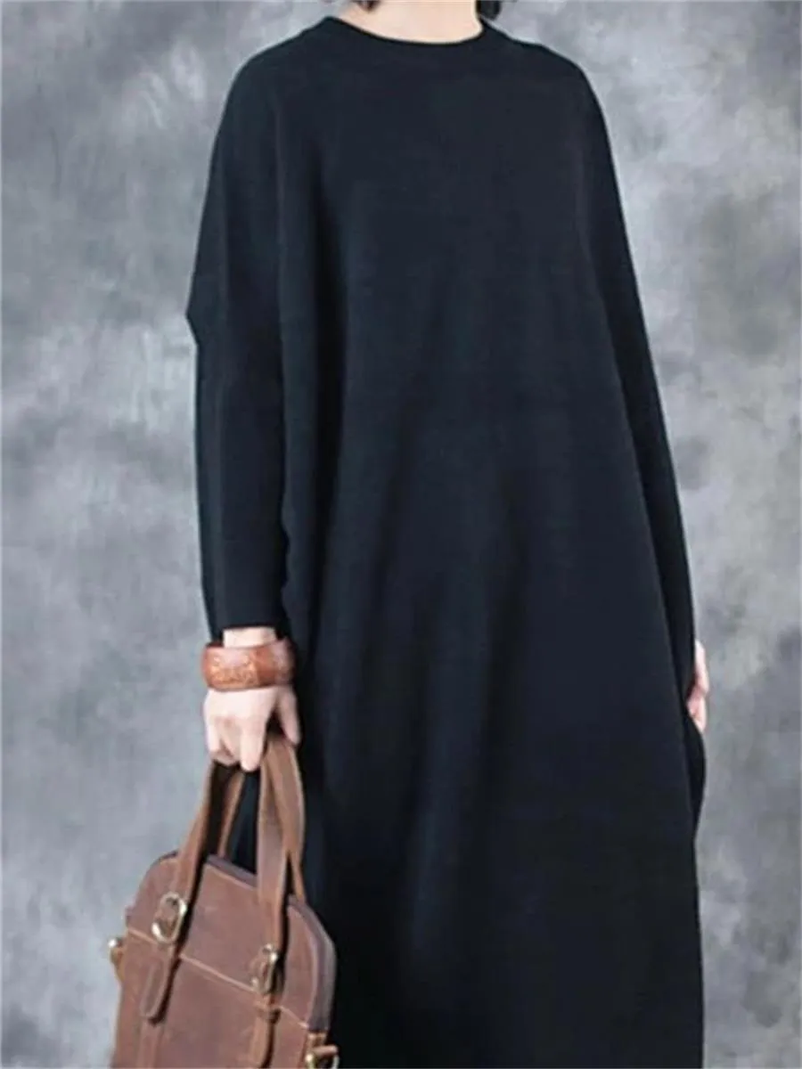 Retro Solid Color Casual Long Women'S Knitted Dress