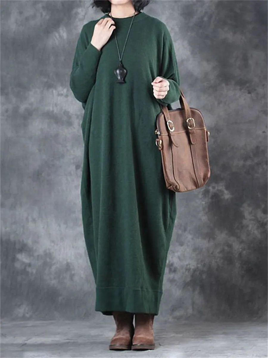 Retro Solid Color Casual Long Women'S Knitted Dress