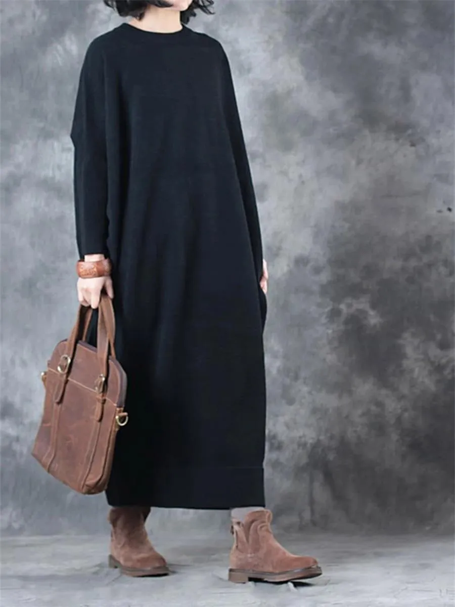 Retro Solid Color Casual Long Women'S Knitted Dress